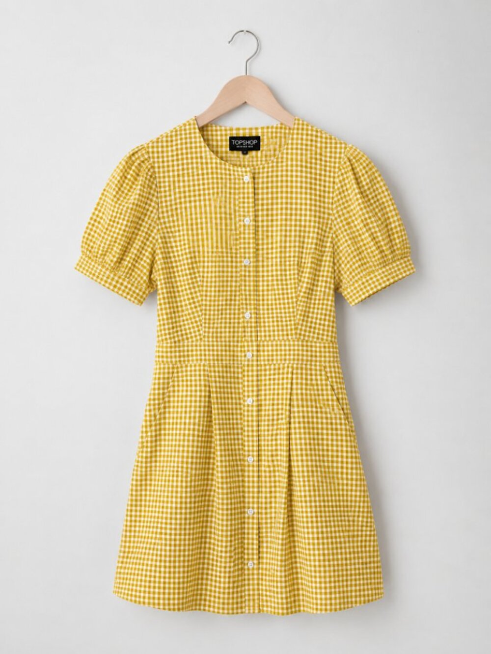 Topshop Yellow Gingham Puff Sleeve Mini Dress